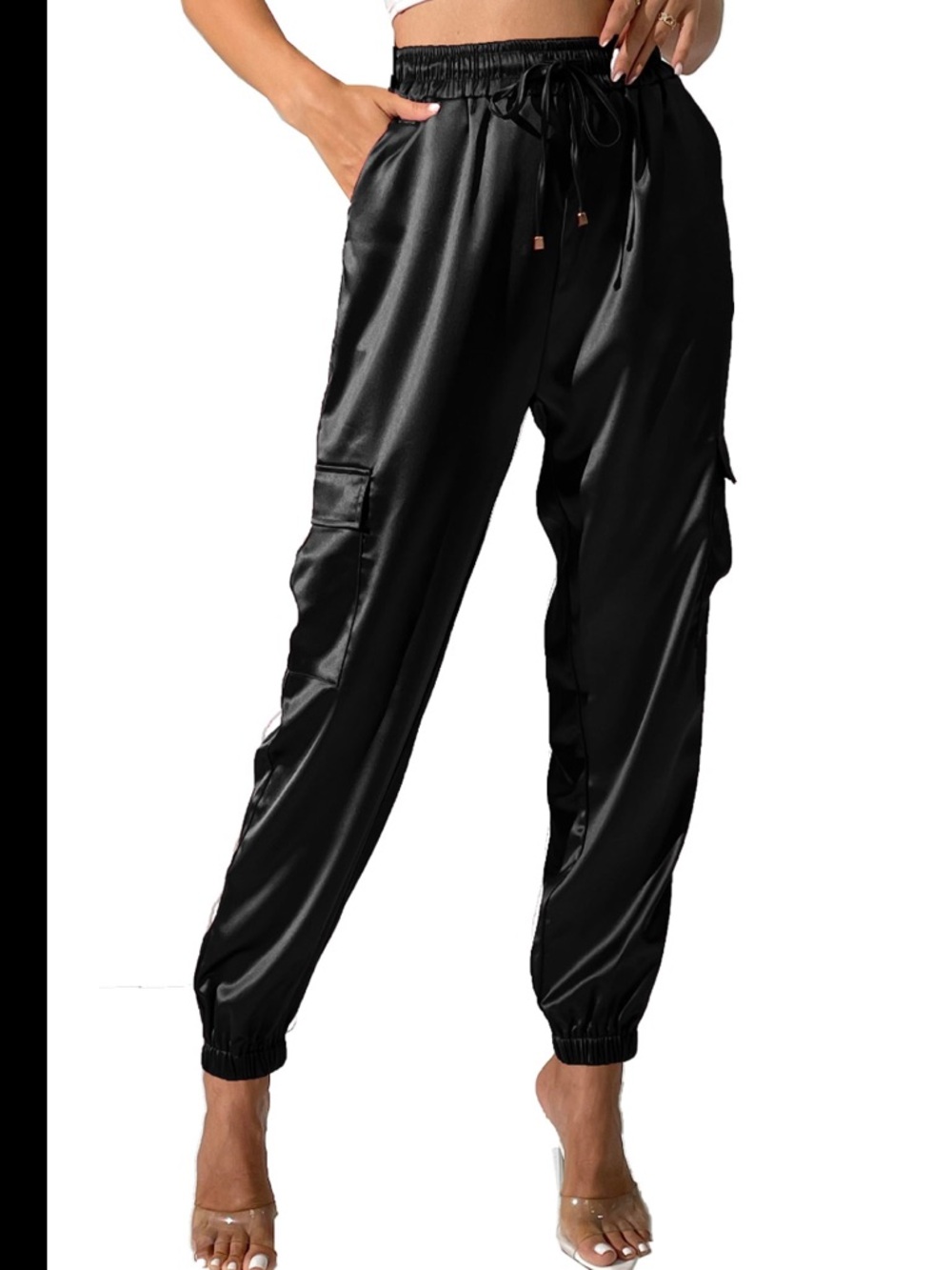 Black Satin Cargo Jogger Pants  NWT 2XL